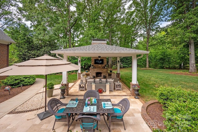 12048 Royal Portrush Dr, Charlotte, NC 28277 - view of patio / terrace featuring a gazebo, an outdoor stone fireplace, and outdoor dining space