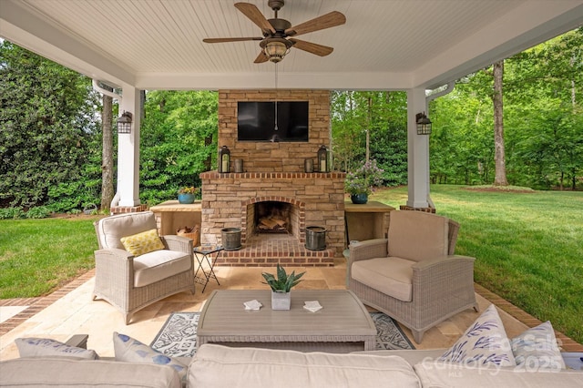 12048 Royal Portrush Dr, Charlotte, NC 28277 - view of patio / terrace featuring a ceiling fan and an outdoor living space with a fireplace