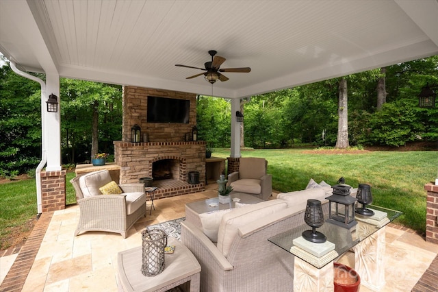 12048 Royal Portrush Dr, Charlotte, NC 28277 - view of patio with a ceiling fan and an outdoor living space with a fireplace