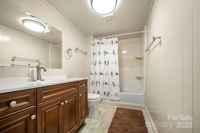 full bathroom featuring vanity, shower / bath combination with curtain, toilet, and visible vents