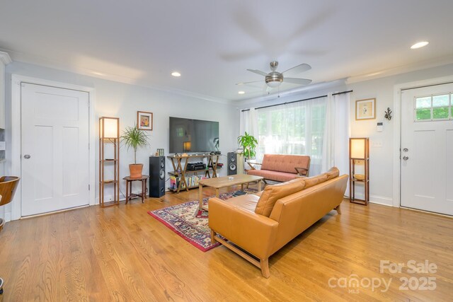 4838 Holbrook Dr, Charlotte, NC 28212 - living area with a ceiling fan, crown molding, light wood-type flooring, and recessed lighting