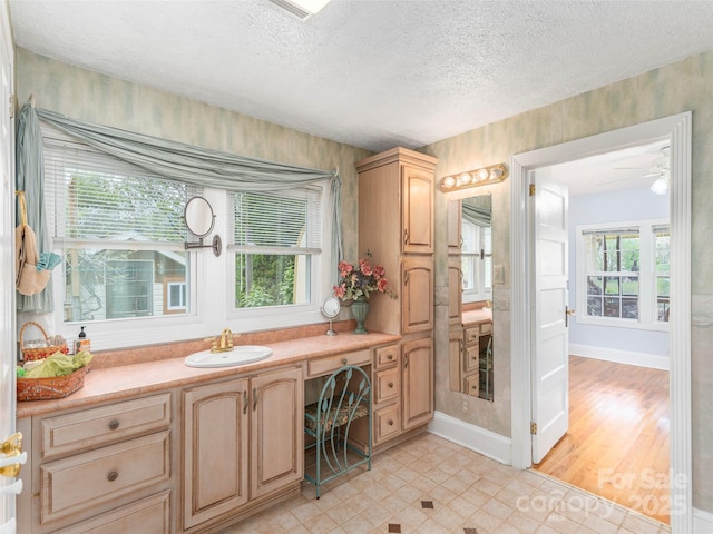 bathroom featuring vanity, a textured ceiling, and baseboards