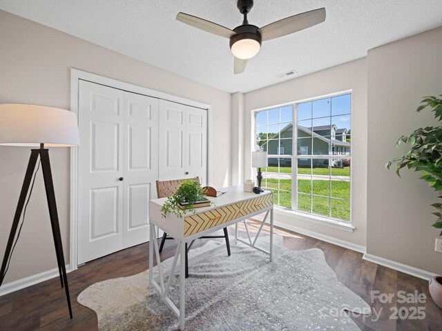 4101 New Castle Ln, Monroe, NC 28110 - home office with baseboards, a ceiling fan, wood finished floors, and a textured ceiling