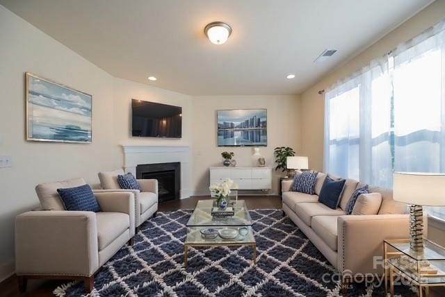 1540 Striped Bass Ln, Clover, SC 29710 - living area with a fireplace, recessed lighting, and wood finished floors