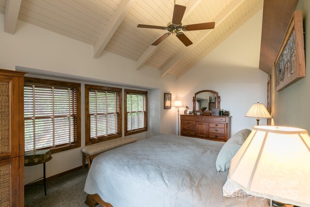 bedroom featuring carpet, beam ceiling, wood ceiling, ceiling fan, and high vaulted ceiling