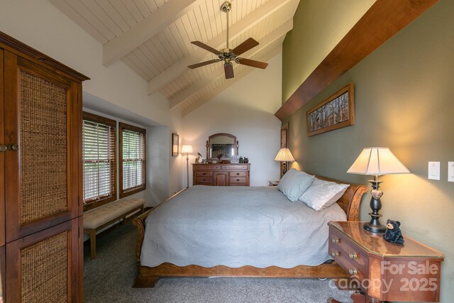 bedroom with carpet, wooden ceiling, and a ceiling fan