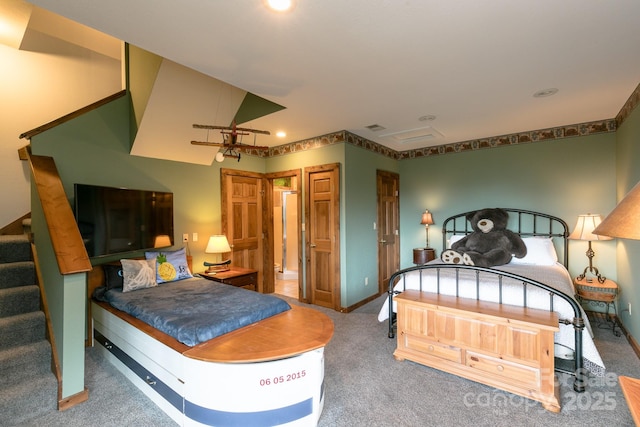 carpeted bedroom with recessed lighting and baseboards