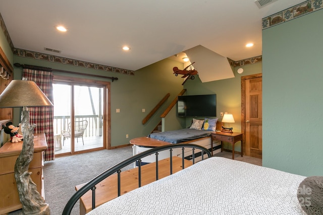 bedroom with access to exterior, carpet, and recessed lighting
