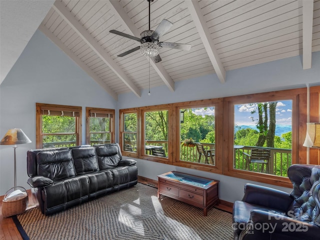 141 Ivy Ridge Rd, Burnsville, NC 28714 - living room with beam ceiling, ceiling fan, baseboards, and high vaulted ceiling