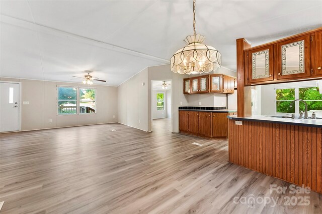 kitchen featuring a sink, brown cabinetry, ceiling fan with notable chandelier, lofted ceiling, and light wood-type flooring
