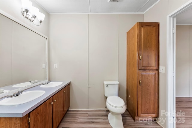 bathroom with a sink, crown molding, and wood finished floors