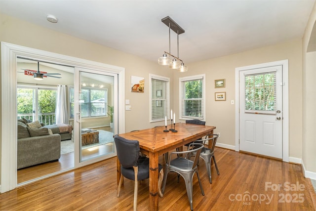 dining area with light wood-style flooring, plenty of natural light, and ceiling fan