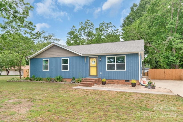 single story home featuring crawl space, a gate, and a shingled roof