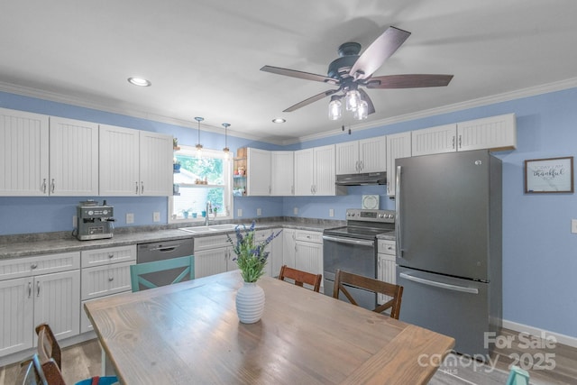 kitchen with appliances with stainless steel finishes, under cabinet range hood, crown molding, a sink, and a ceiling fan