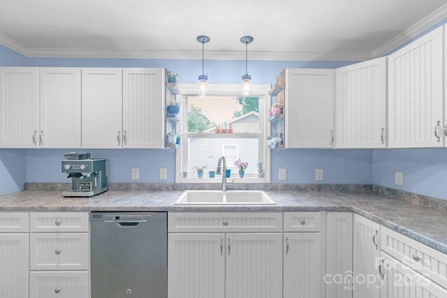 kitchen featuring dishwasher, a sink, white cabinetry, and ornamental molding