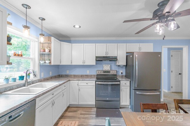 kitchen with appliances with stainless steel finishes, under cabinet range hood, a sink, ornamental molding, and a ceiling fan