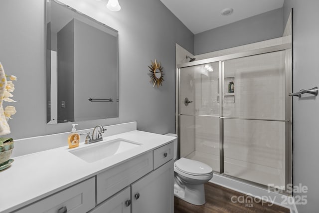 bathroom with vanity, toilet, wood finished floors, and a shower stall