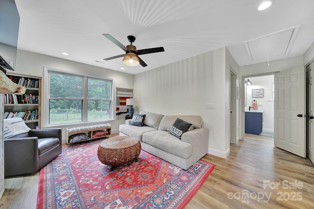 456 Rainbow Cir, Clover, SC 29710 - living room featuring attic access, wood finished floors, a ceiling fan, recessed lighting, and baseboards