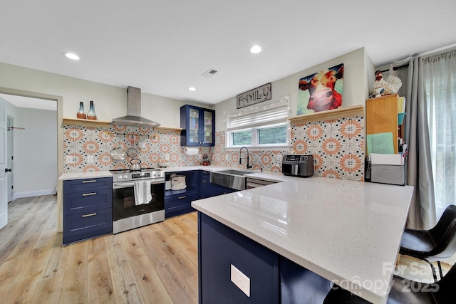 456 Rainbow Cir, Clover, SC 29710 - kitchen featuring open shelves, electric range, wall chimney exhaust hood, a sink, and blue cabinetry