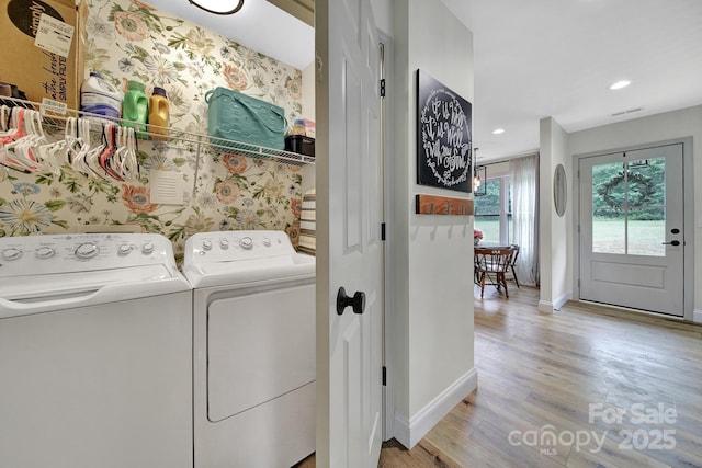 456 Rainbow Cir, Clover, SC 29710 - laundry room featuring separate washer and dryer, baseboards, light wood-style floors, and recessed lighting