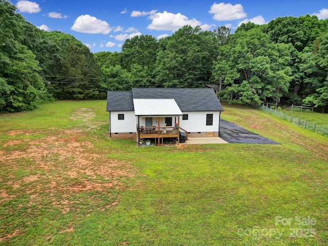 456 Rainbow Cir, Clover, SC 29710 - back of house with crawl space, a wooden deck, and a wooded view