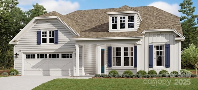 view of front of property featuring board and batten siding, driveway, roof with shingles, a garage, and a front lawn