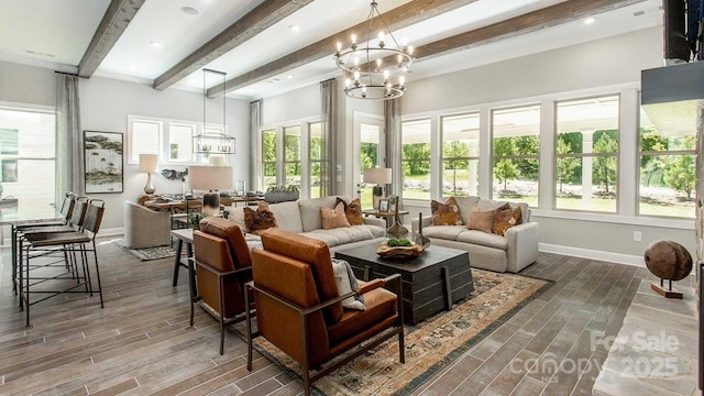 sunroom / solarium featuring beamed ceiling, a chandelier, and french doors