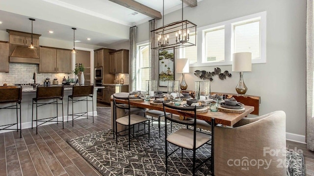 dining space with an inviting chandelier, beam ceiling, recessed lighting, baseboards, and dark wood-type flooring
