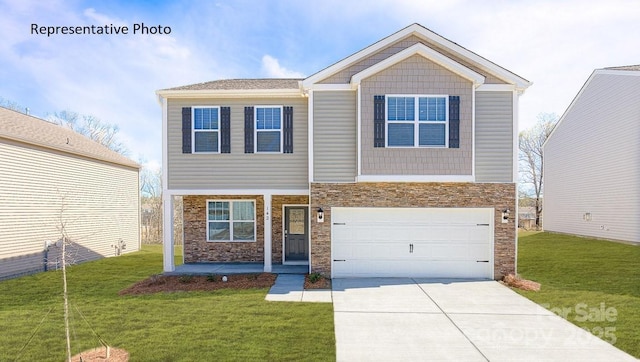 137 Meadow View Dr, Statesville, NC 28677 - view of front facade with stone siding, driveway, a front lawn, a garage, and a porch