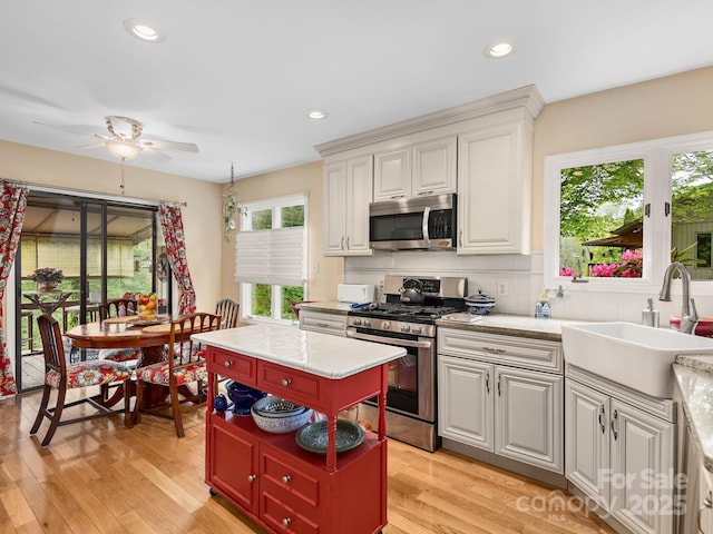 112 Deerlake Dr, Asheville, NC 28803 - kitchen featuring appliances with stainless steel finishes, a sink, light countertops, ceiling fan, and light wood-type flooring