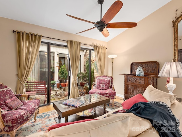 112 Deerlake Dr, Asheville, NC 28803 - living area with wood finished floors, ceiling fan, and vaulted ceiling