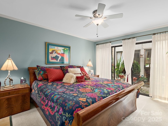 112 Deerlake Dr, Asheville, NC 28803 - bedroom featuring carpet, access to outside, crown molding, and a ceiling fan