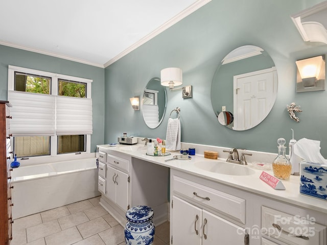 112 Deerlake Dr, Asheville, NC 28803 - bathroom with tile patterned flooring, vanity, crown molding, and a bath