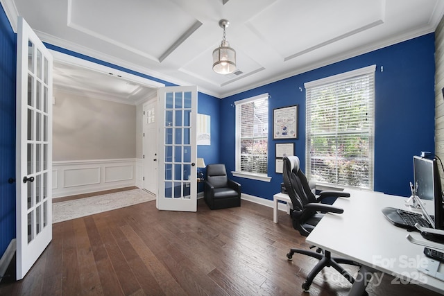 1001 Emory Ln, Fort Mill, SC 29708 - office featuring french doors, ornamental molding, hardwood / wood-style floors, coffered ceiling, and a wainscoted wall