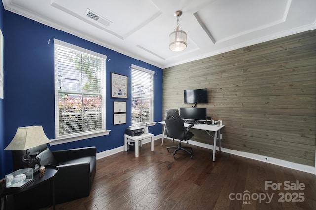 1001 Emory Ln, Fort Mill, SC 29708 - office area with wooden walls, baseboards, ornamental molding, wood finished floors, and an accent wall