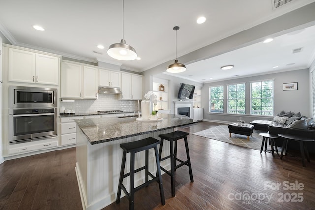 1001 Emory Ln, Fort Mill, SC 29708 - kitchen with stainless steel appliances, under cabinet range hood, open floor plan, crown molding, and dark stone counters