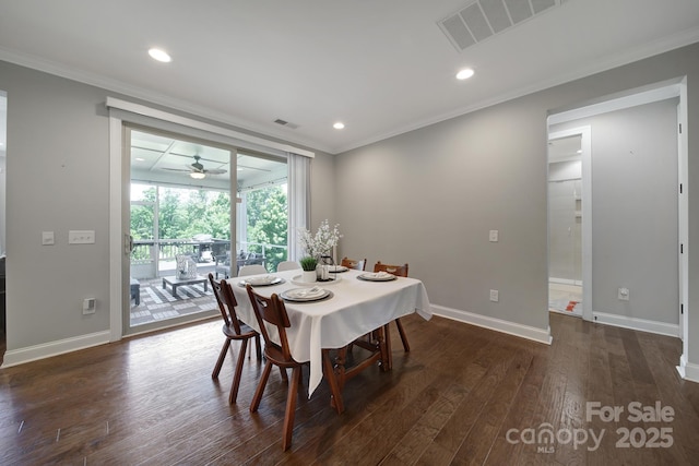 1001 Emory Ln, Fort Mill, SC 29708 - dining room featuring ornamental molding, baseboards, dark wood finished floors, a ceiling fan, and recessed lighting