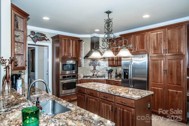 112 Eagle Chase Ln, Troutman, NC 28166 - kitchen featuring stainless steel appliances, a sink, decorative backsplash, hanging light fixtures, and light stone countertops