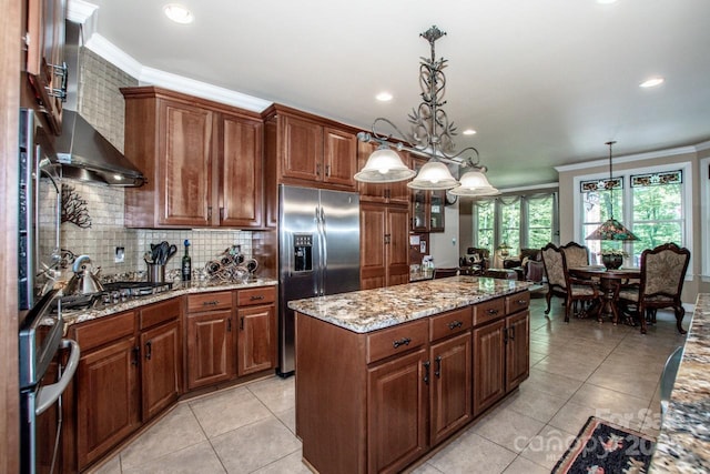 112 Eagle Chase Ln, Troutman, NC 28166 - kitchen featuring appliances with stainless steel finishes, ornamental molding, light tile patterned flooring, backsplash, and a kitchen island