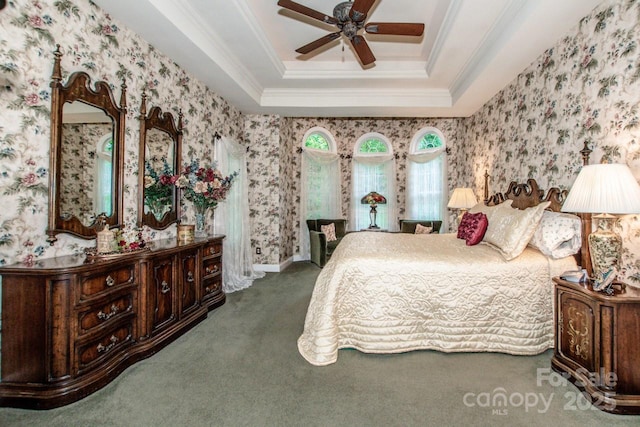 112 Eagle Chase Ln, Troutman, NC 28166 - bedroom with a raised ceiling, carpet, ornamental molding, wallpapered walls, and a ceiling fan