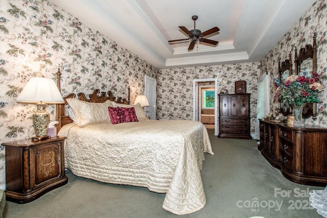 112 Eagle Chase Ln, Troutman, NC 28166 - bedroom featuring carpet flooring, crown molding, a raised ceiling, wallpapered walls, and ceiling fan