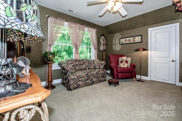 112 Eagle Chase Ln, Troutman, NC 28166 - living room featuring wallpapered walls, carpet, and a ceiling fan