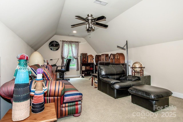 112 Eagle Chase Ln, Troutman, NC 28166 - sitting room featuring vaulted ceiling, carpet floors, ceiling fan, and baseboards