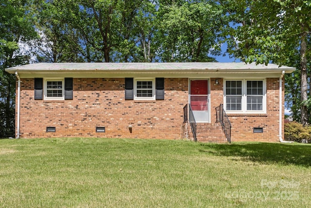 single story home with brick siding, crawl space, entry steps, and a front lawn