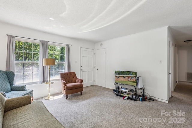 living area featuring carpet floors, a textured ceiling, and visible vents
