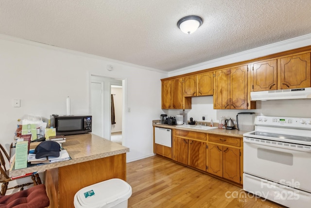 kitchen featuring a sink, white appliances, brown cabinetry, under cabinet range hood, and ornamental molding