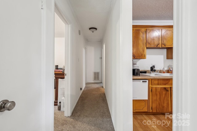 corridor featuring a sink, light carpet, and visible vents