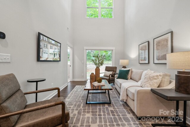 9305 Munsing Dr Unit 142, Charlotte, NC 28269 - living room with baseboards, plenty of natural light, wood finished floors, and a towering ceiling