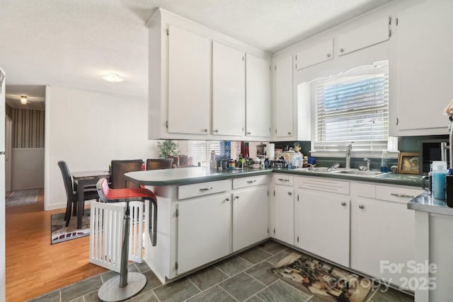 1177 Craigbrow Cir, Chester, SC 29706 - kitchen featuring a peninsula, dark countertops, white cabinetry, a textured ceiling, and a sink