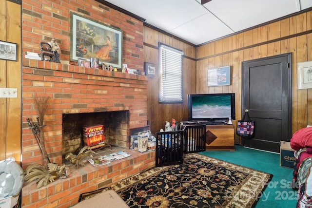 1177 Craigbrow Cir, Chester, SC 29706 - living room featuring wooden walls, carpet floors, and a fireplace